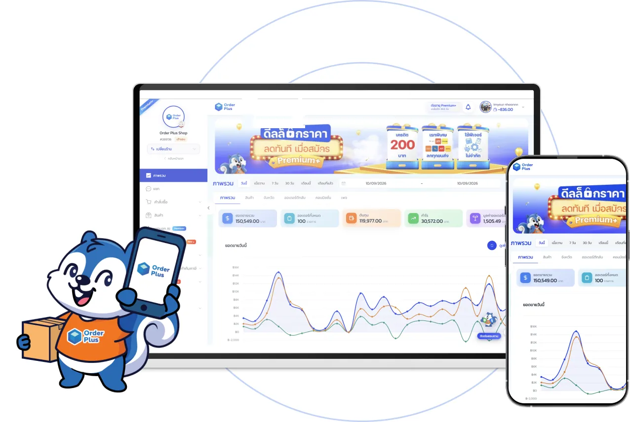 หน้าจอระบบ Order Plus บนคอมพิวเตอร์และมือถือ